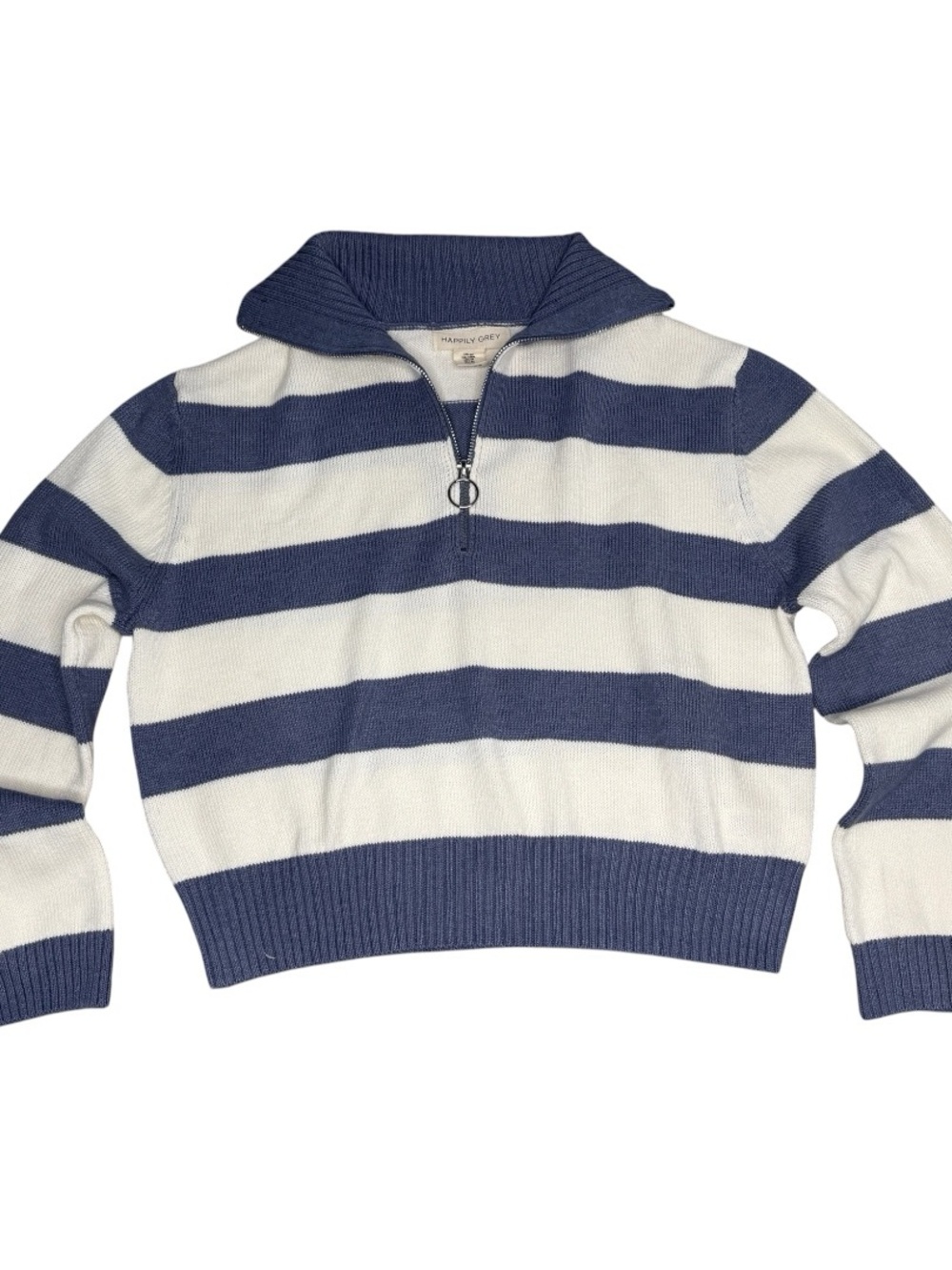 Happy Grey Striped Mock Neck Cotton Cropped Sweater Preppy Coquette